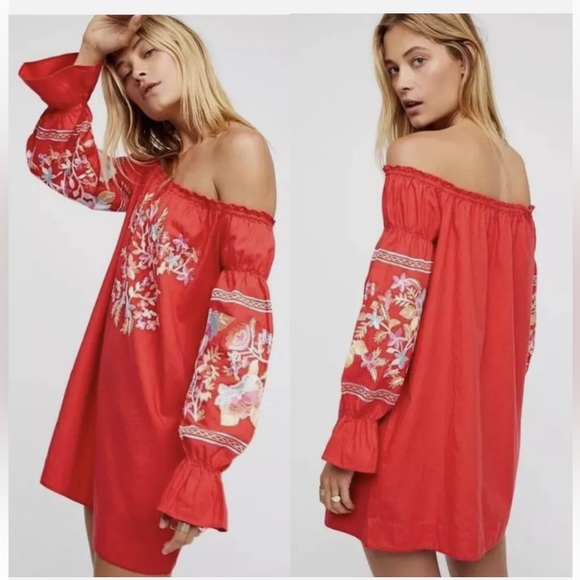 Free People Fleur Du Jour Red Embroidered Mini Dress size xs - Picture 1 of 11